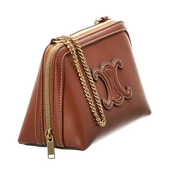 Celine Triomphe Leather Clutch On Chain, Brown - Picture 3 of 4